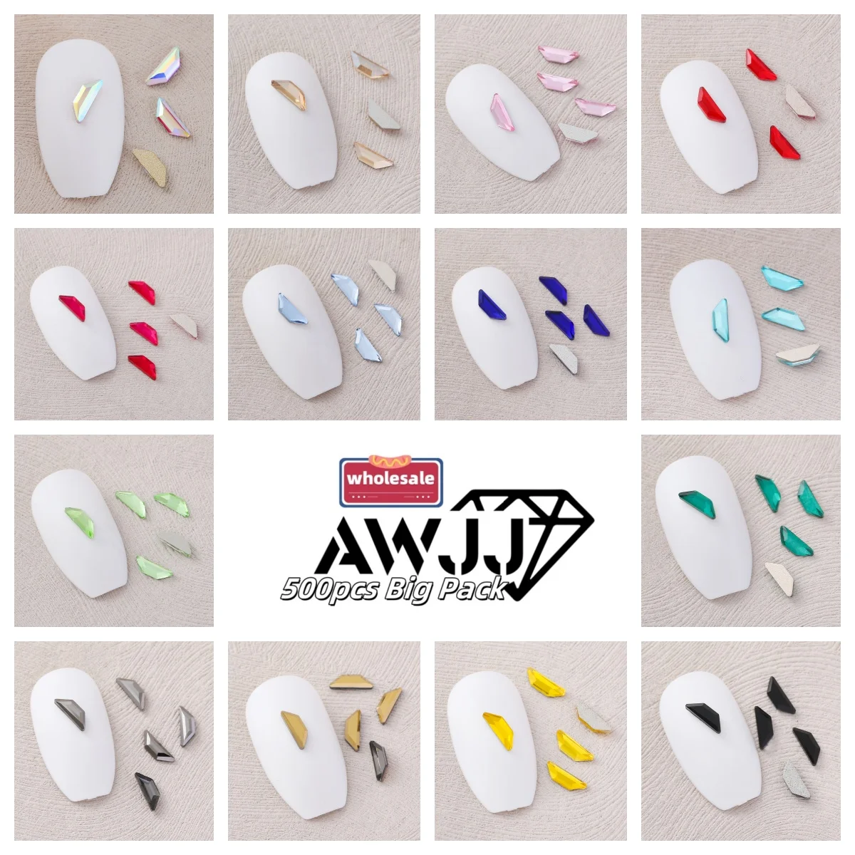 Wholesale AWJJ 500pcs 2x6mm Ship Shaped Durable Fantasy Self-Adhesive Nail Art Rhinestone High shine Nail materials Trendy style