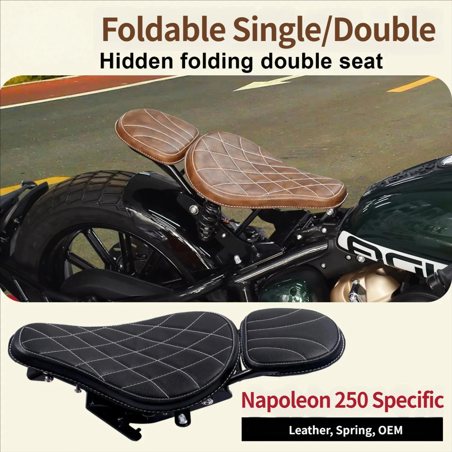 For Foldable Dual Seat & Hidden Retro Checkered Single Seat, Black/Brown for Benda Napoleon 250