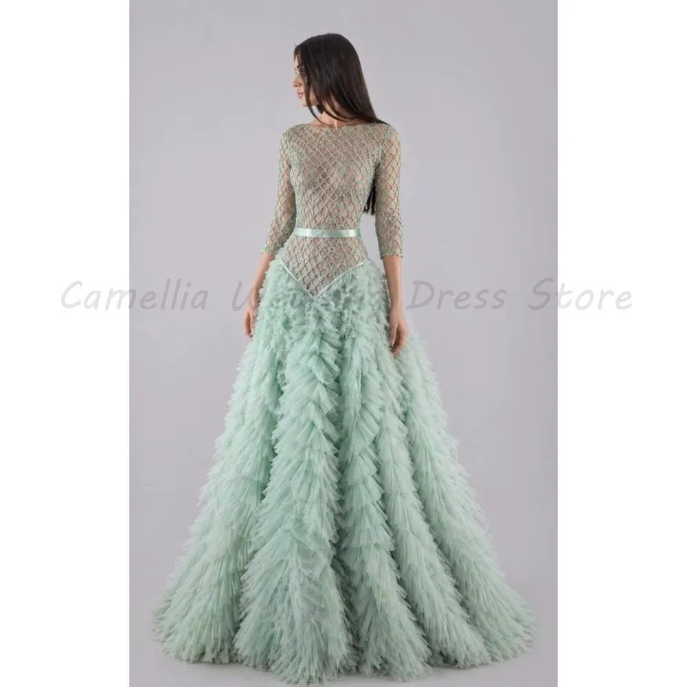 

Mint Green Mother Daughter Matching Dresses Mesh 3/4 Sleeve with Ruffled Tulle Gown Formal Evening Party Family Outfits