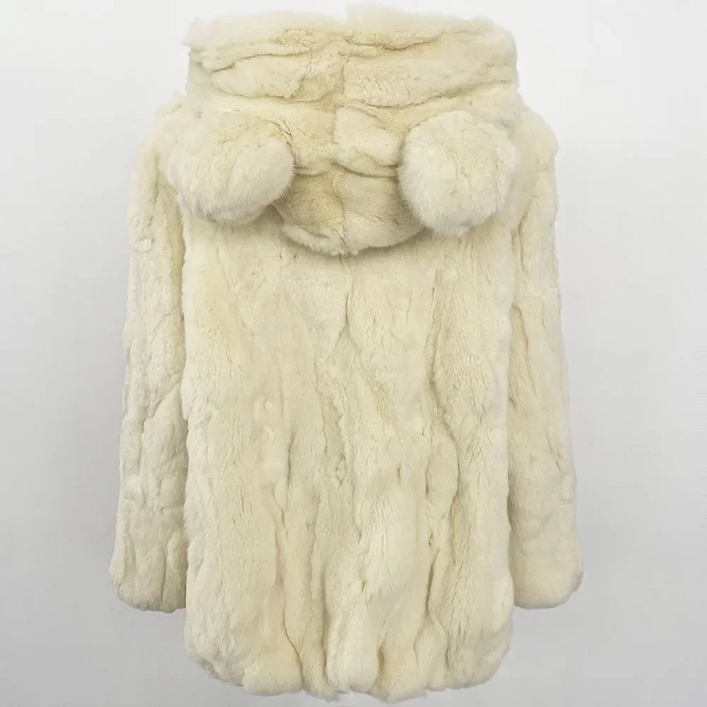Real Fur Jacket Lady Mid-lenght Warm Hooded Natural Rabbit Fur Coat Female 2024 New Autumn Winter Real Rabbit Fur Jacket Women