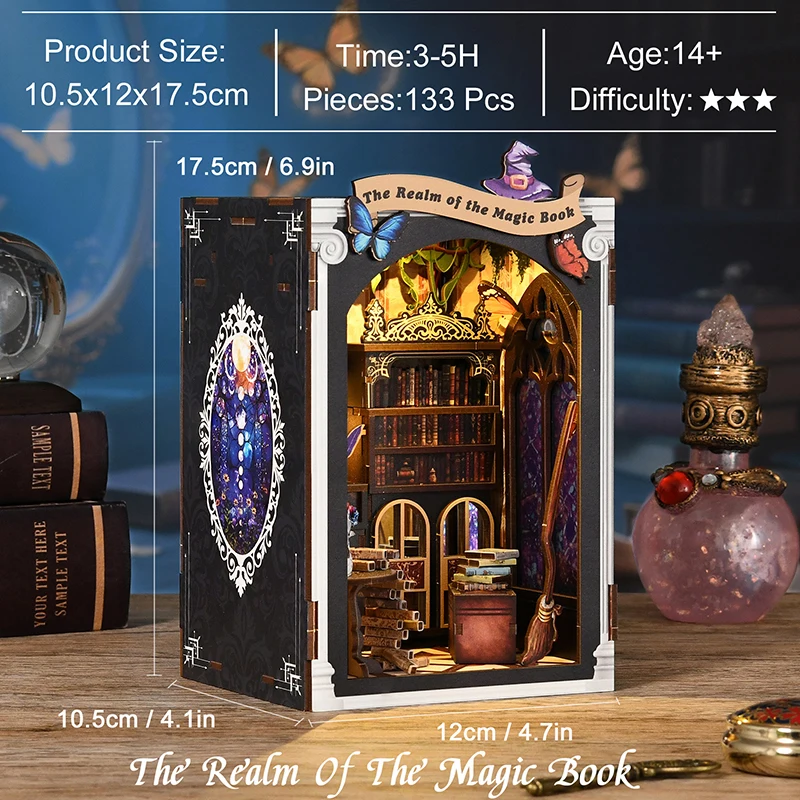 

Magic Library Book Nook 3D Wooden Puzzle Diy Miniature Dollhouse Kit Led Light Infinity Mirror Home Office Desk Decor Collectors
