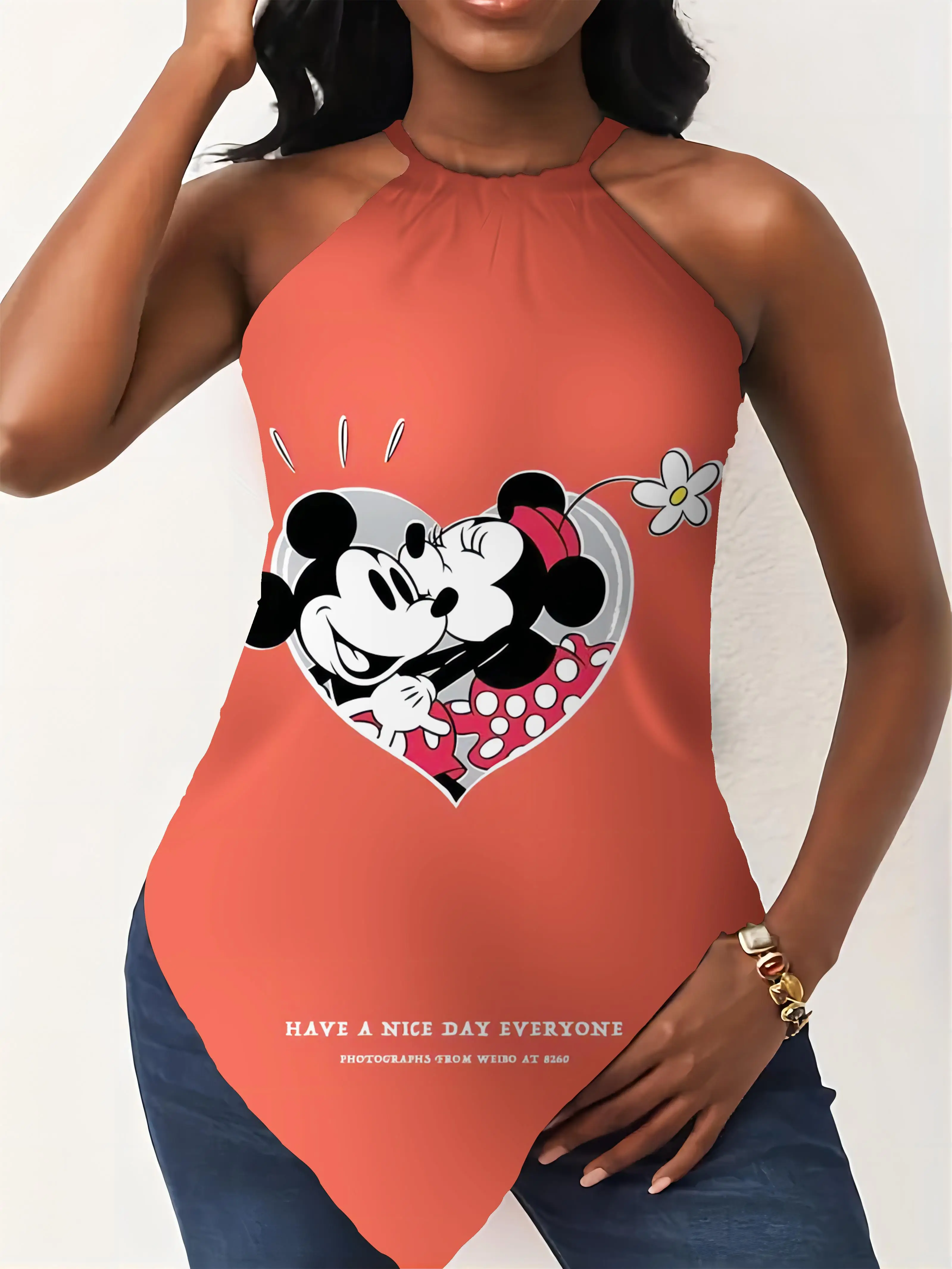 Mickey Hanky Hem Sleeveless T-shirt Minnie Mouse Top Y2k Summer Short Sleeve Halter Women's Sumer Clothes Crew Neck Disney 2024