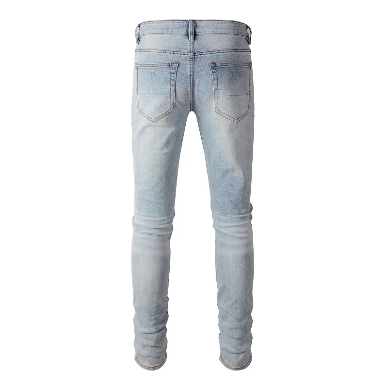 High Street wear Holes With Transparent Crystals Patchwork High Stretch Slim Fit Rhinestones Patches Distressed Ripped Jeans Men