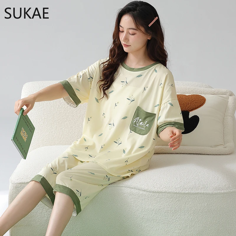 SUKAE M-6XL Big Size Nightwear Calf-length O-Neck Sleepwear Women Faux Cotton Capris Pajama Pijamas for Woman Lady Pajamas Set