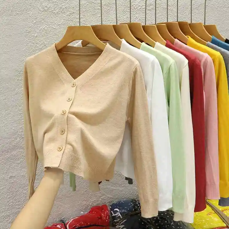 2026 Autumn Winter Versatile Basic Top Solid Color V Neck Knit Women Cardigan Stylish Black Long Sleeve Outerwear Sweater