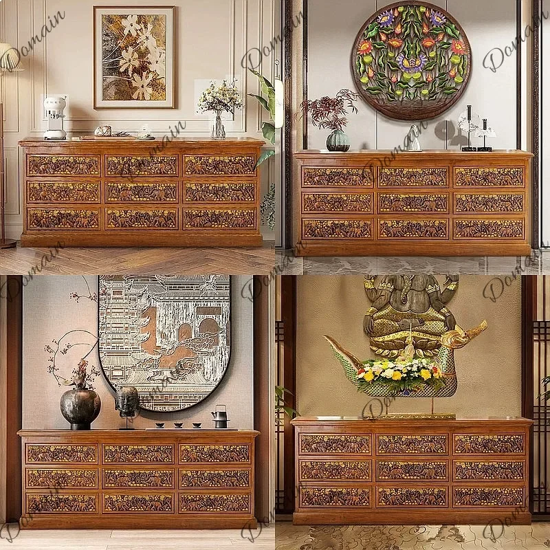 XB Thai Solid Wood Retro Entryway Cabinet Southeast Asian Style Sideboard For Living Room Storage