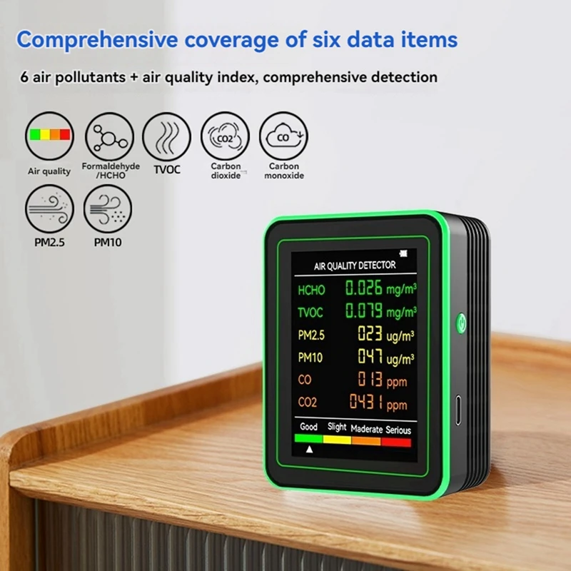 Air Quality Detector 6 In 1 Detector HCHO TVOC CO2 CO PM10 PM2.5 Meter Gases Detecting Intelligent
