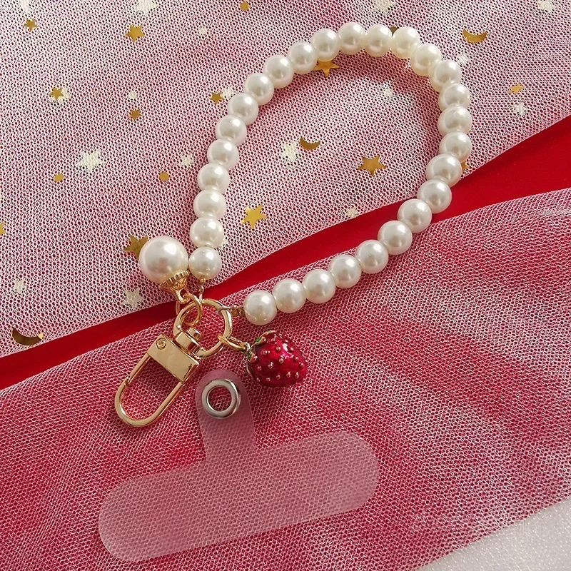 Pearl Bracelet Short Style Wrist Rope Clip Phone Case Decoration Pendant Mobile Phone Lanyard Strawberry Cherry Small Pendant