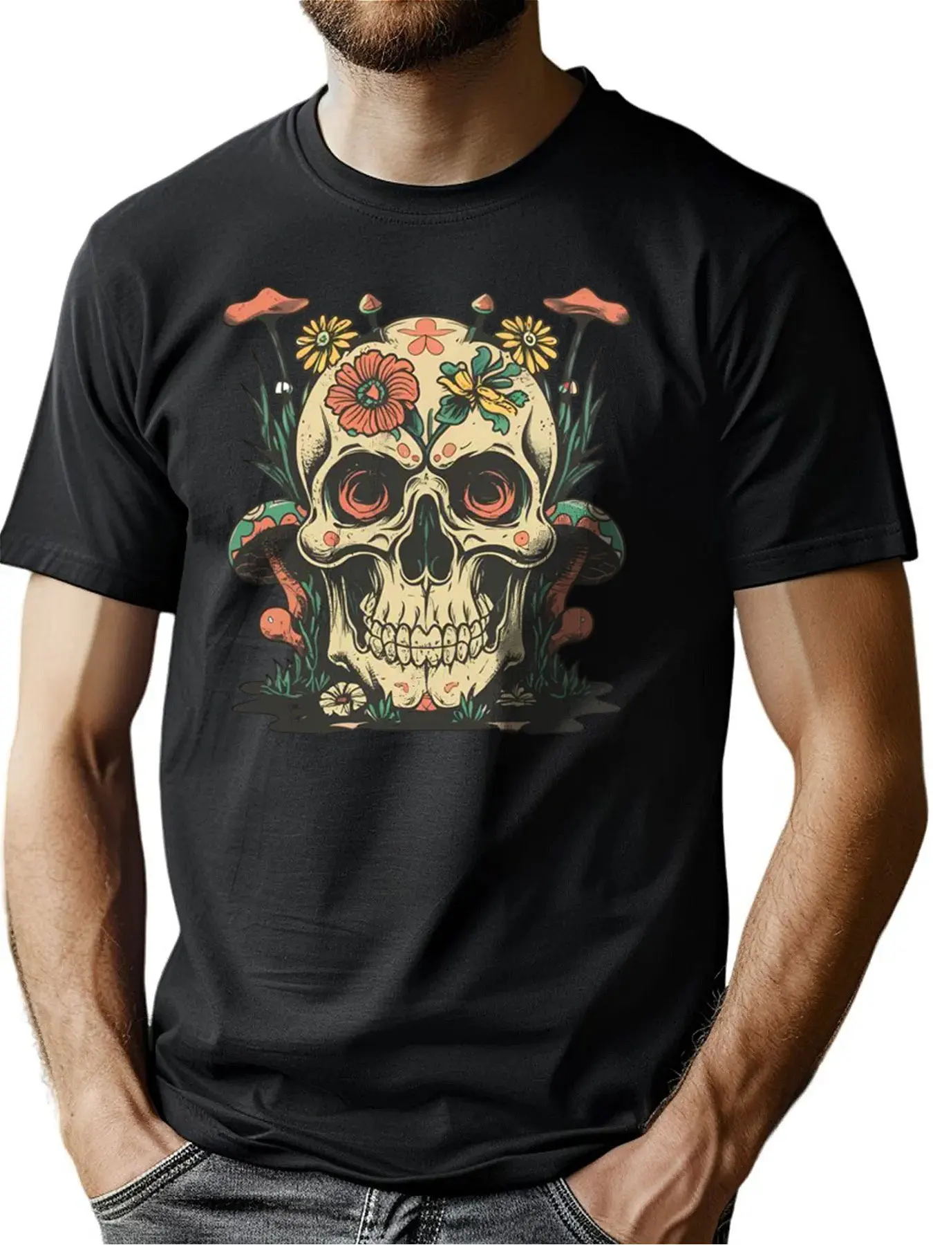 

Premium Knit Cotton Men's Crew Neck Tee With Skull Mushroom Print Thanksgiving Gift Outdoor Comfort Machine Washable For Active