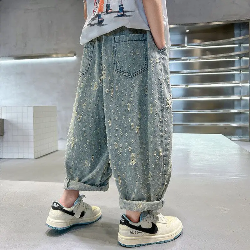 Kinder-Jacquard-Jeans im Used-Look für Jungen von 8–14 Jahren, trendige Freizeithose im koreanischen Stil, locker sitzende Herbst-2025, neue Jeans für Jungen