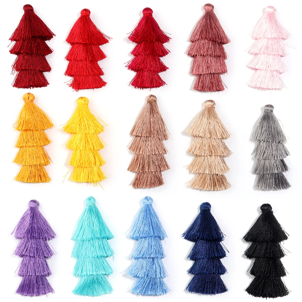 4 Stück/Set 8cm lange Polyester-Quasten, bunte vierlagige Quasten-Anhänger für Schmuckherstellung, DIY-Ohrringe, Schlüsselanhänger, Taschen-Dekoration – Detail 3