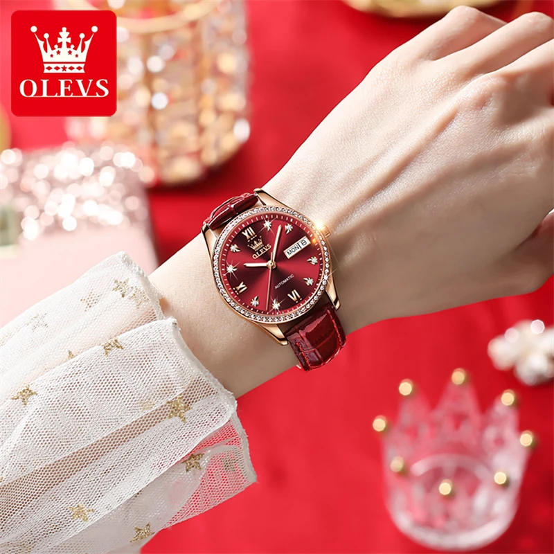 OLEVS Fashion Women Mechanical Watches Leather Strap Waterproof Week Date Women Luxury Diamond Automatic Watch Zegarek Damski