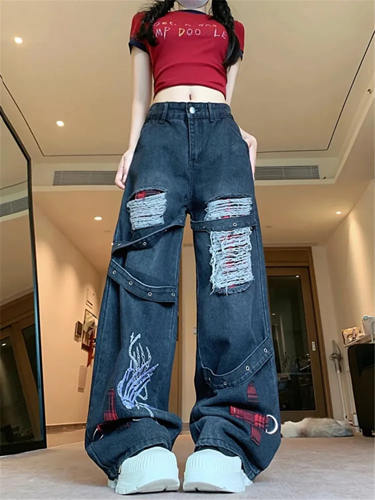

Women's Black Gothic Baggy Jeans Y2K Japanese Harajuku High Street High Waist Fashion Loose Wide Leg Retro Jeans Clothing 2025