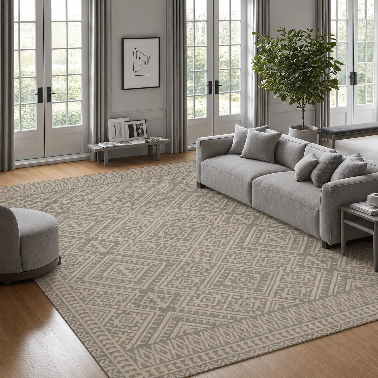Large Indoor Area Rug, Soft Velvet Low Pile with Non-slip Dotted Backing, Machine Washable Geometric Tribal Pattern Area Rug in Neutral Beige Gray for Living Room, Bedroom, Entryway
