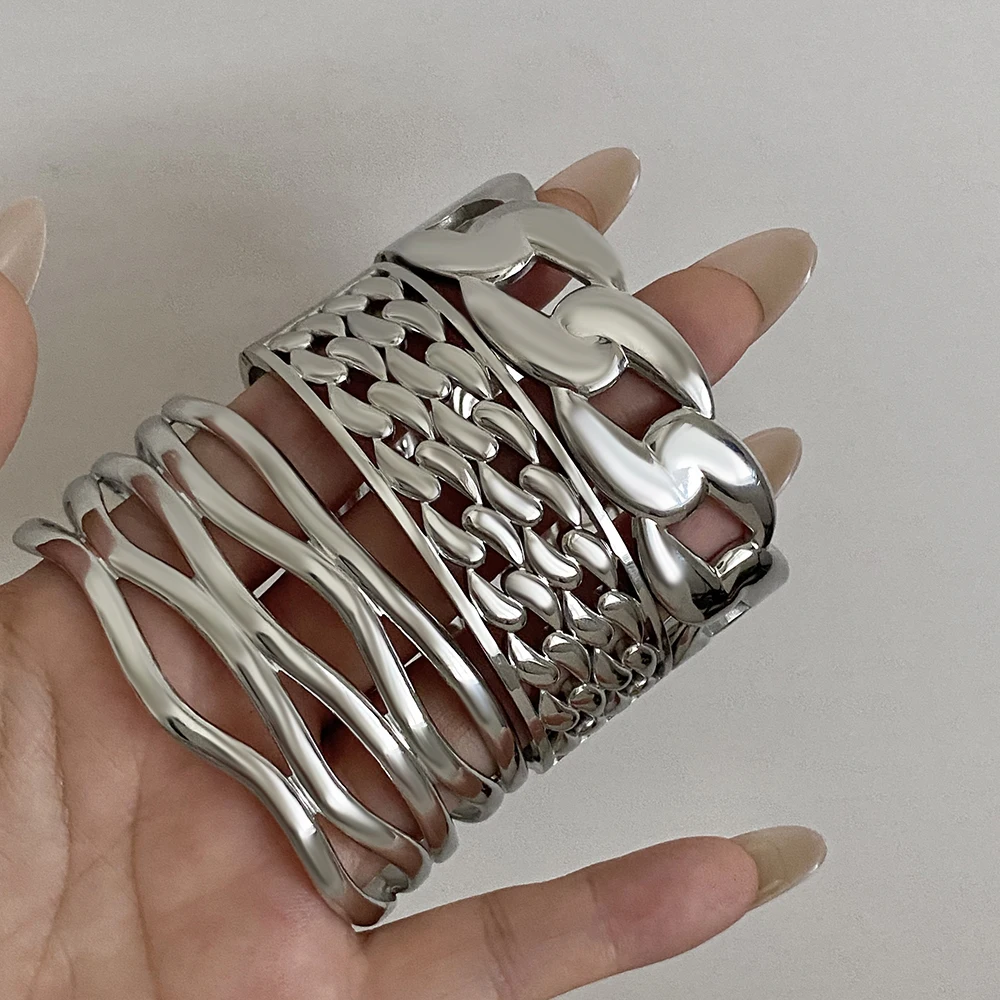 

Minimalist Stainless Steel Wide Opening Bangle for Women Punk Silvery Irregular Hollow Out Bracelet Waterproof Jewelry Gift
