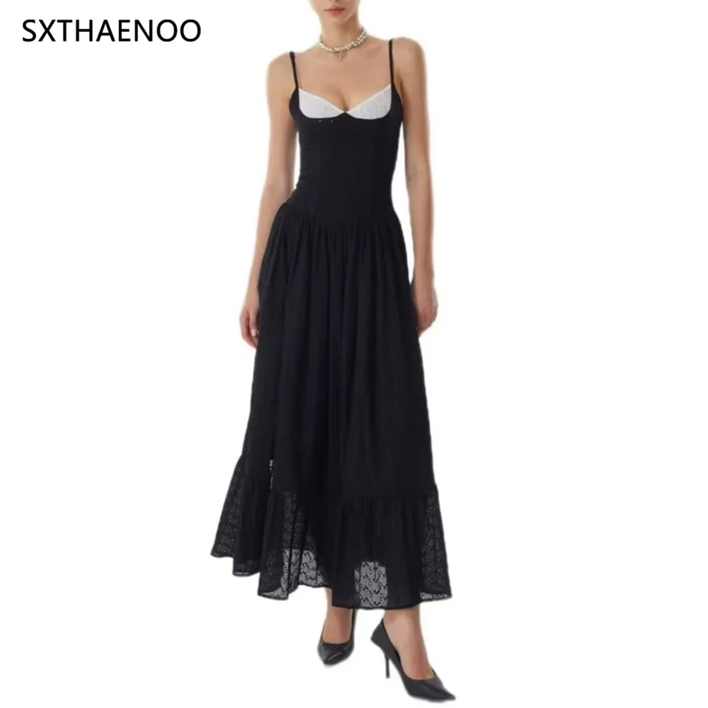 

SXTHAENOO Hit Color Slimming Spliced Folds Minimalist Dresses for Women Square Neck Sleeveless Elegant Dress Female Clothing