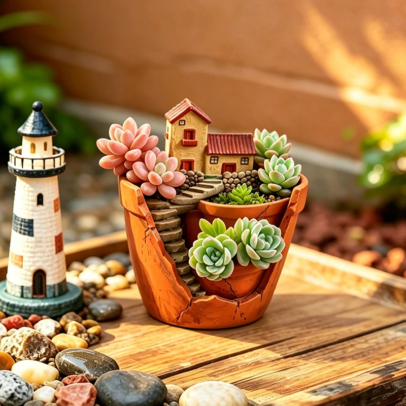 3D Mini Village House Resin Flower Pot Multi Tier Succulent Planter for Desk Balcony Patio Indoor Greenery Table Decor Ornament