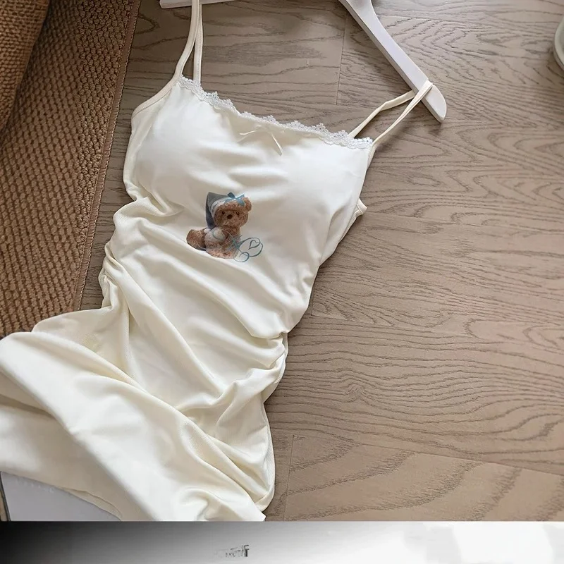 

Женская ночная рубашка с милым мультяшным медведем и кружевной отделкой на груди, большие размеры, летняя милая домашняя одежда, длинное платье Dr