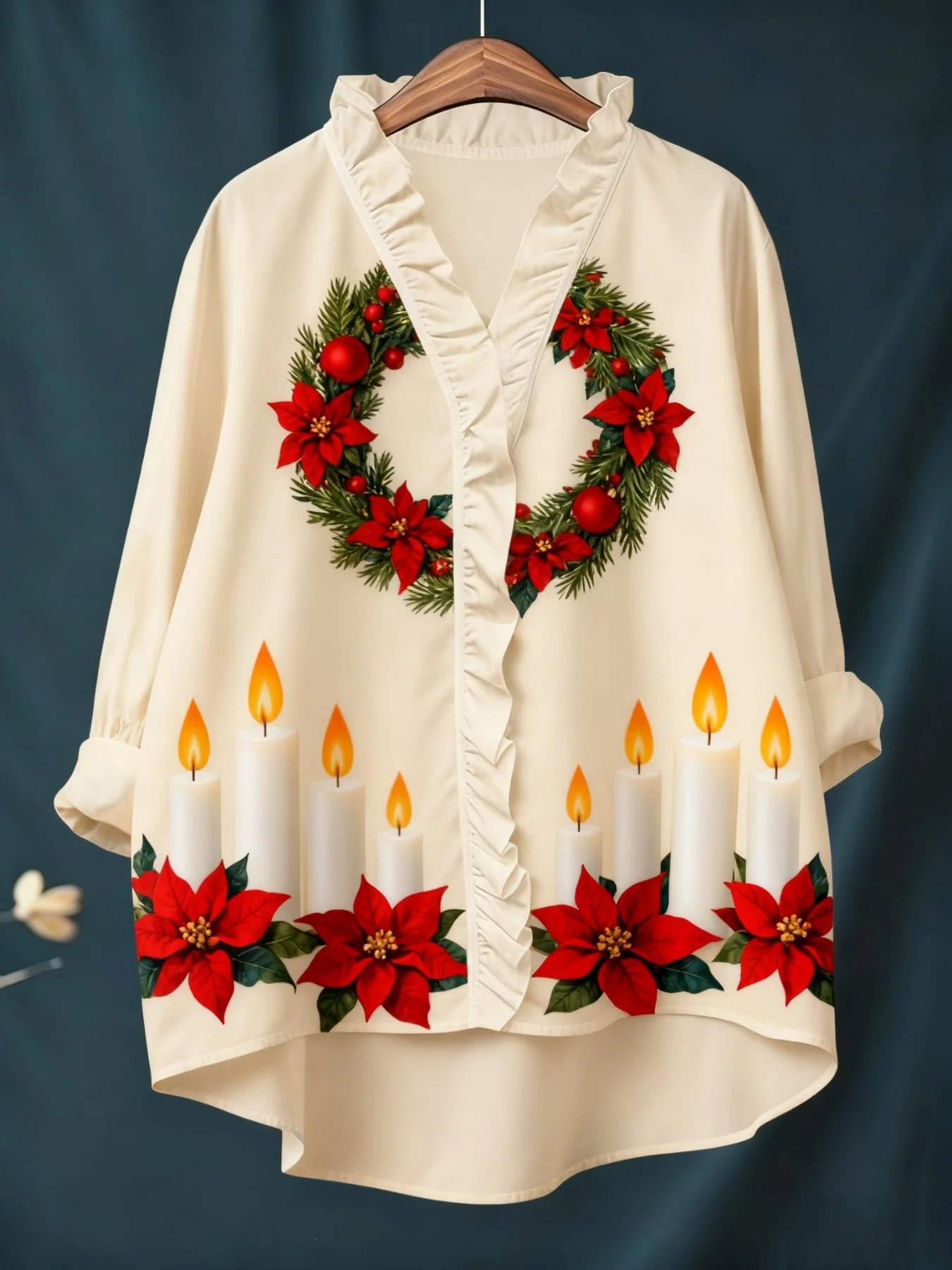 2026 new women's Christmas digital printed long sleeved shirt with ruffled collar, Loose casual semi formal top