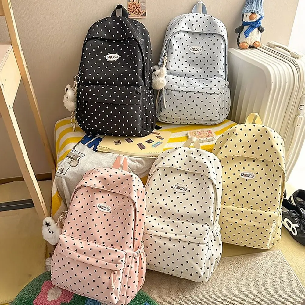 Cute Nylon Student Backpack Lightweight Multi Pocket School Bag Polka Dot Large Capacity Travel Rucksack for Students Girls