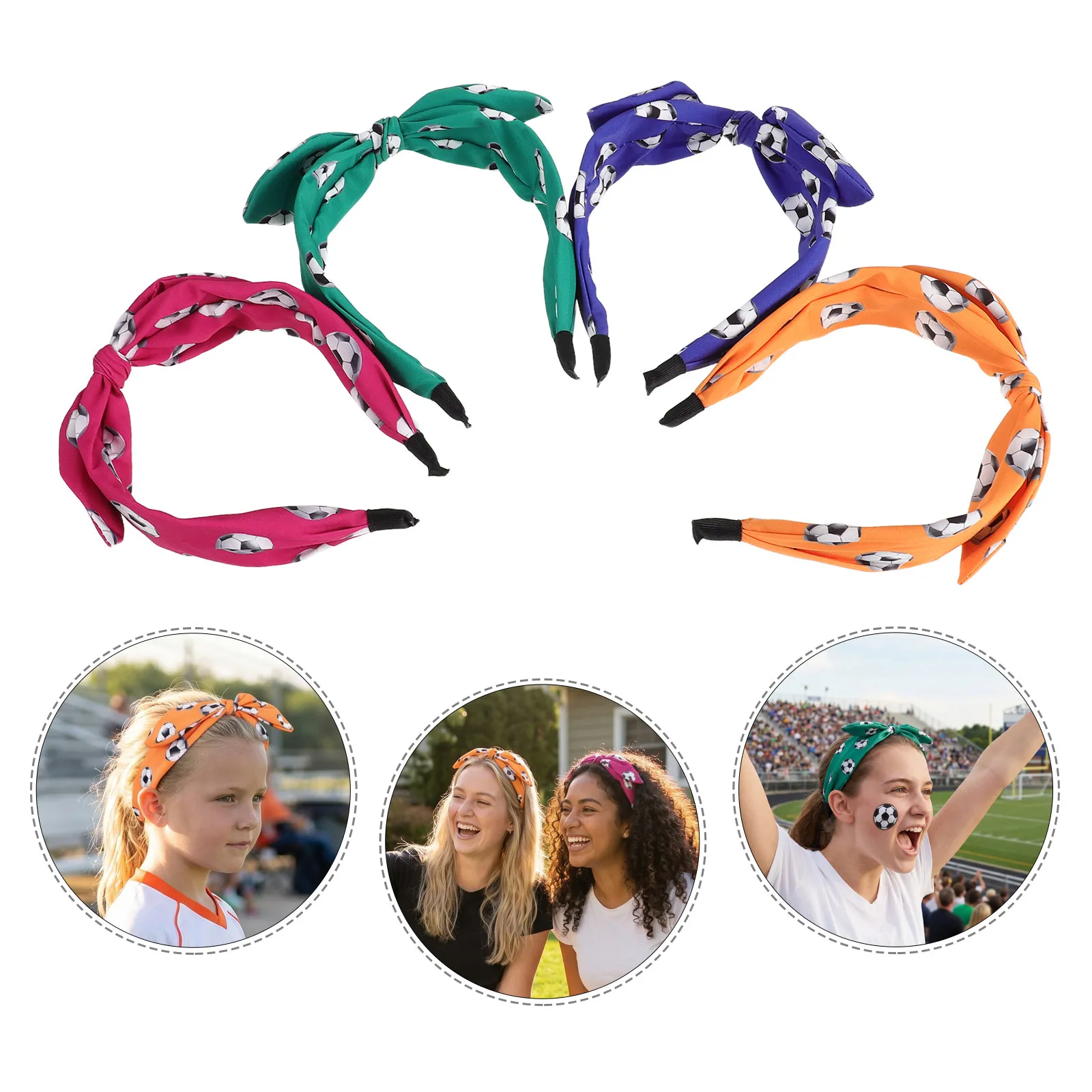 

4Pcs Soccer Themed Headband Football Print Bowknot Hairband for Women Girls Comfort Fit No Slip Soft Edges Athletic Soccer Game