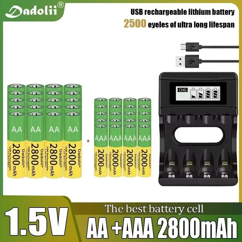 Batteria originale Dadolii AA/AAA Batteria ricaricabile agli ioni di litio ai polimeri di 1,5 V Batteria AA/AAA da 1,5 V con caricatore USB