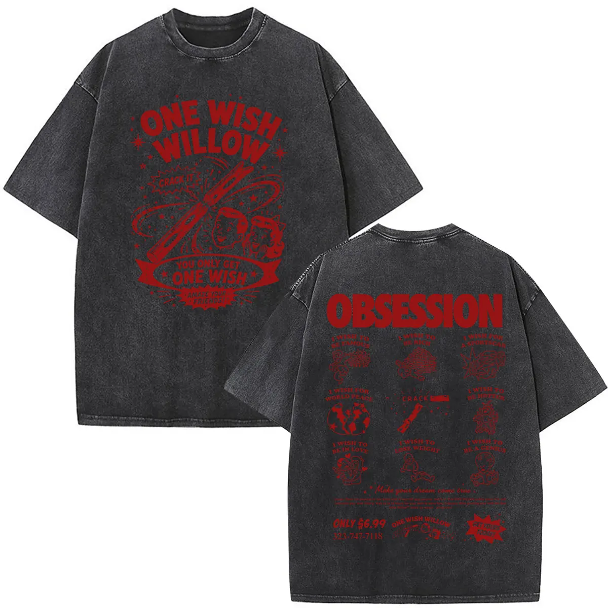 Movie Obsession One Wish Willow Vintage Washed T-Shirts für Männer und Frauen, Gothic, lässig, übergroß, kurzärmelig, O-Ausschnitt – Detail 4