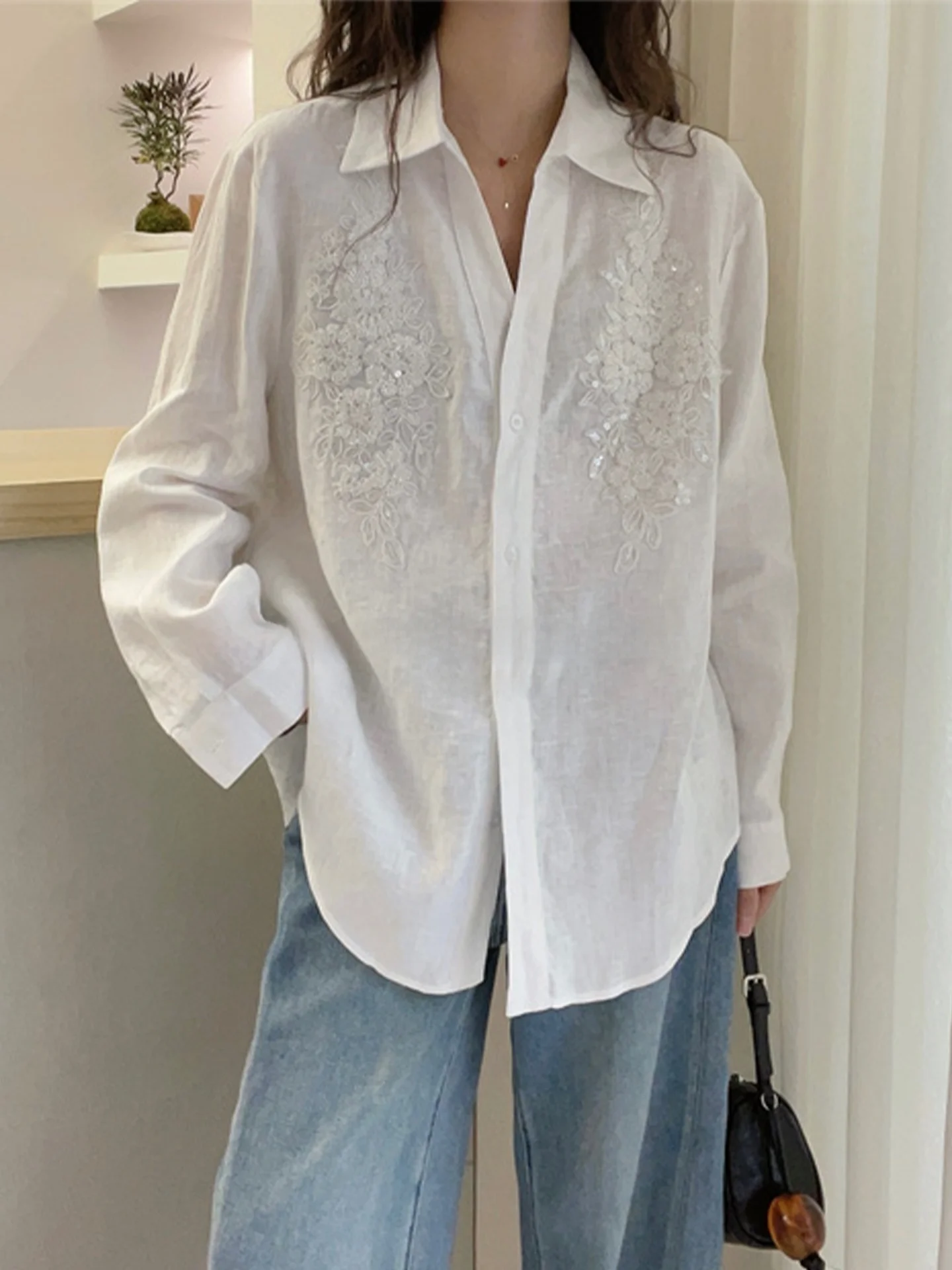 

White Women's Shirt Heavy Embellishment Loose Fit Casual Style Spring Autumn Design Big Size Slimming Belly Covering Top