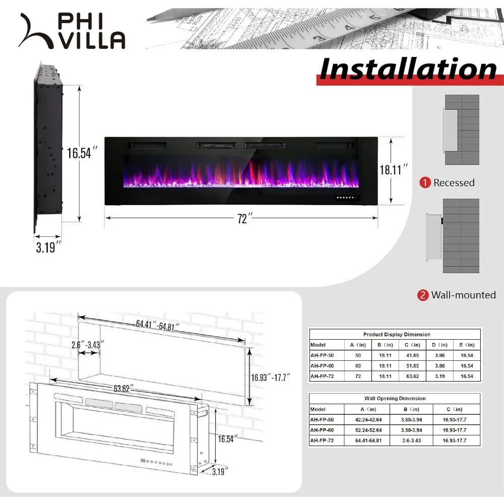 Camino elettrico da 72 "a parete e da incasso 750/1500W, colore e velocità della fiamma regolabili, camino lineare ultrasottile da 3.19"