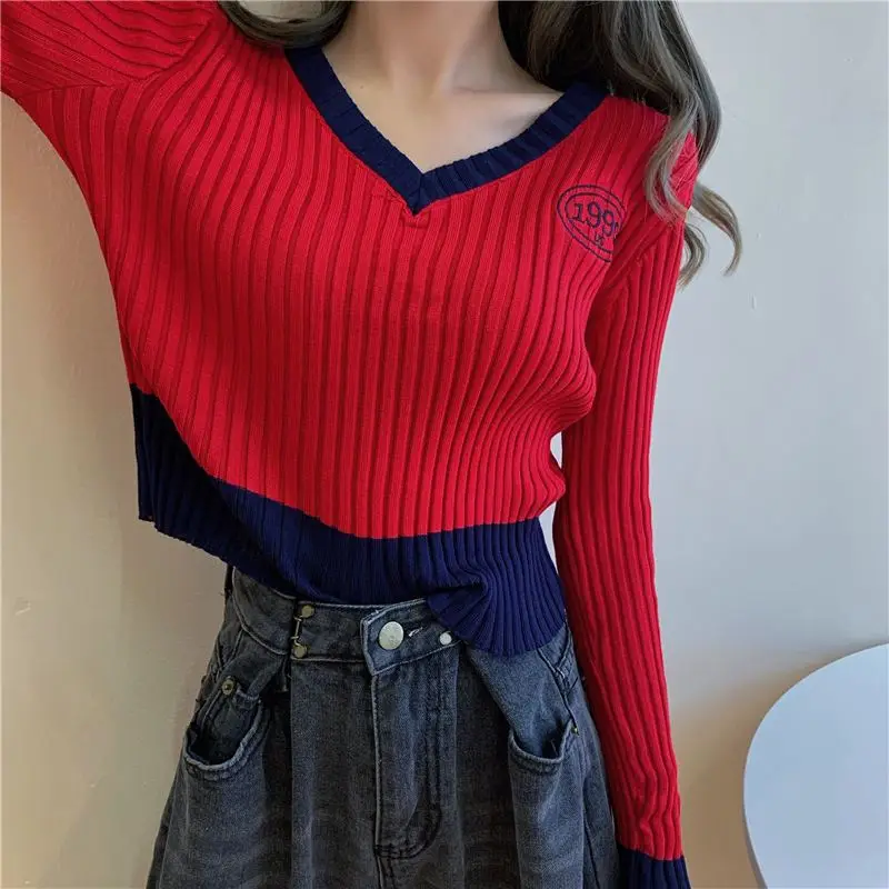 Autumn Winter 2024 New Fashion Slim Patchwork V-neck Long Sleeve Sweater Female Trend All-match Knitting Top Tee Femme Pullovers