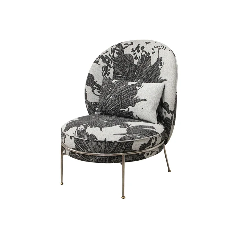 

Simple Nordic art living room single sofa black blue flower microfiber leather metal casual chair