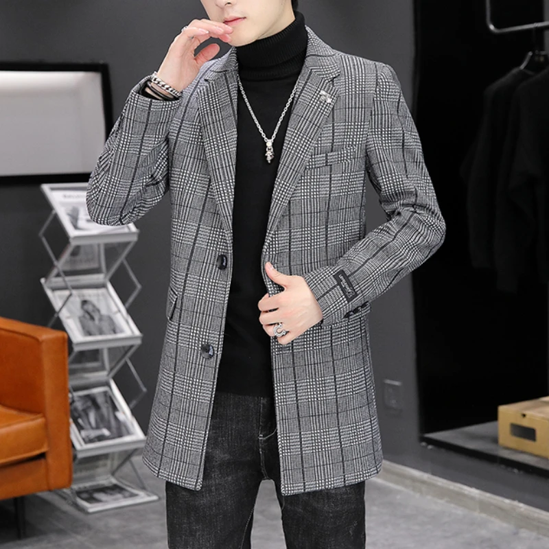 

2023 Autumn Winter Plaid Woolen Coat Men's Mid-length Casual Business Trench Windbreaker male Slim Social Streetwear Overcoat