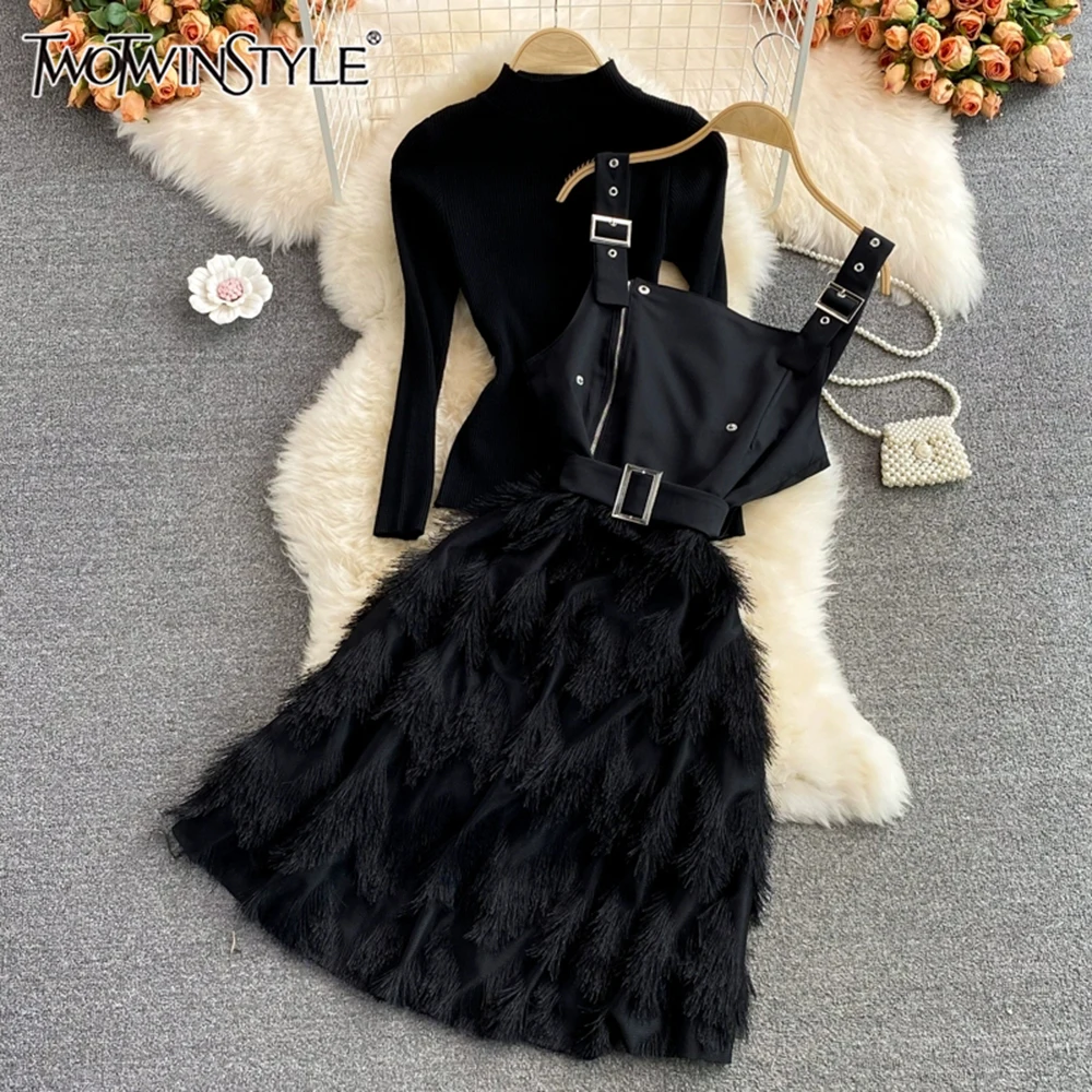 

TWOTWINSTYLE Chic Two Piece Set For Women High Waist Patchwork Feathers Dress Stand Collar Sweater Casual Sets Female KSE513365