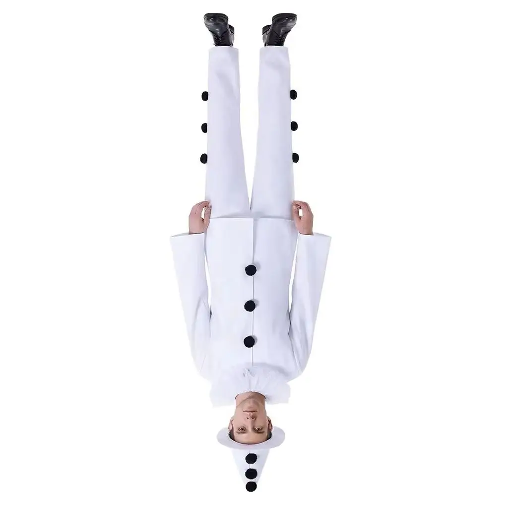 Costume de cosplay de clown Pierrot blanc vintage, uniforme de mime français avec chapeau conique à pompons, déguisement de carnaval d'Halloween, ensemble complet