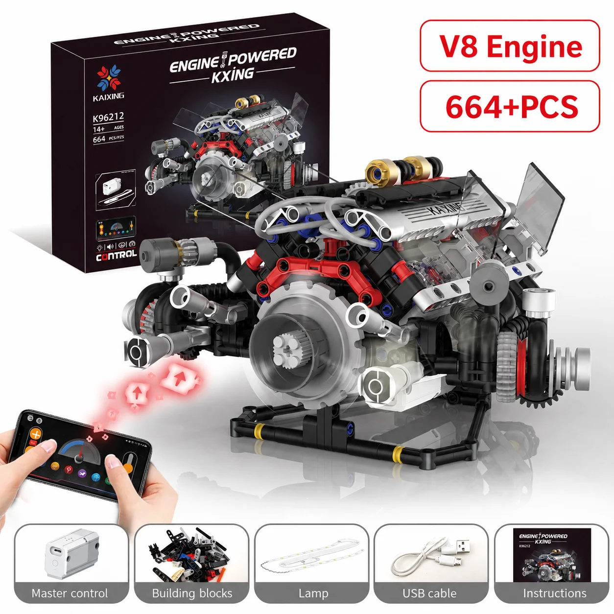 664Pcs F+1 Supercar Engine Building Blocks V8 Simulation DIY Model LED Light & APP Control Programming Motor Drive Bricks
