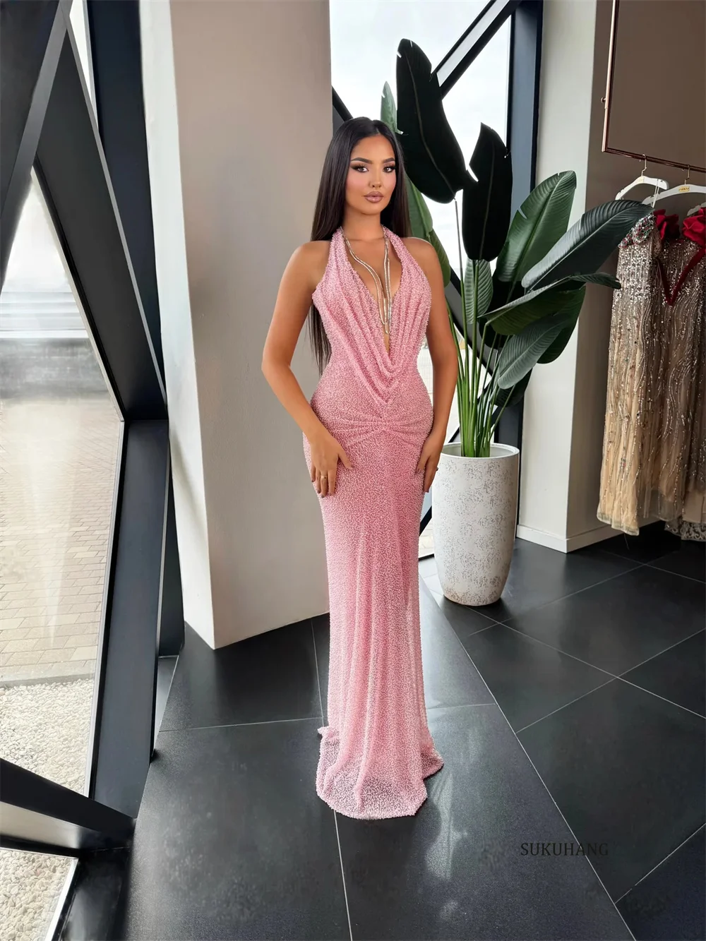 فساتين سهرة وردية من SUKUHANG بدون حمالات حورية البحر مطوي فستان حفلات للنساء مناسبة فستان فيستدوس دي فييستا مخصص #3