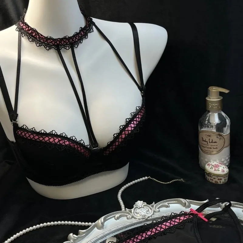 

Ретро французский черный чистый блестящий кружевной воротник с воротником-халтер, летнее сексуальное женское белье, бюстгальтер с внутренним слоем, модные мягкие короткие комплекты для девочек 2025