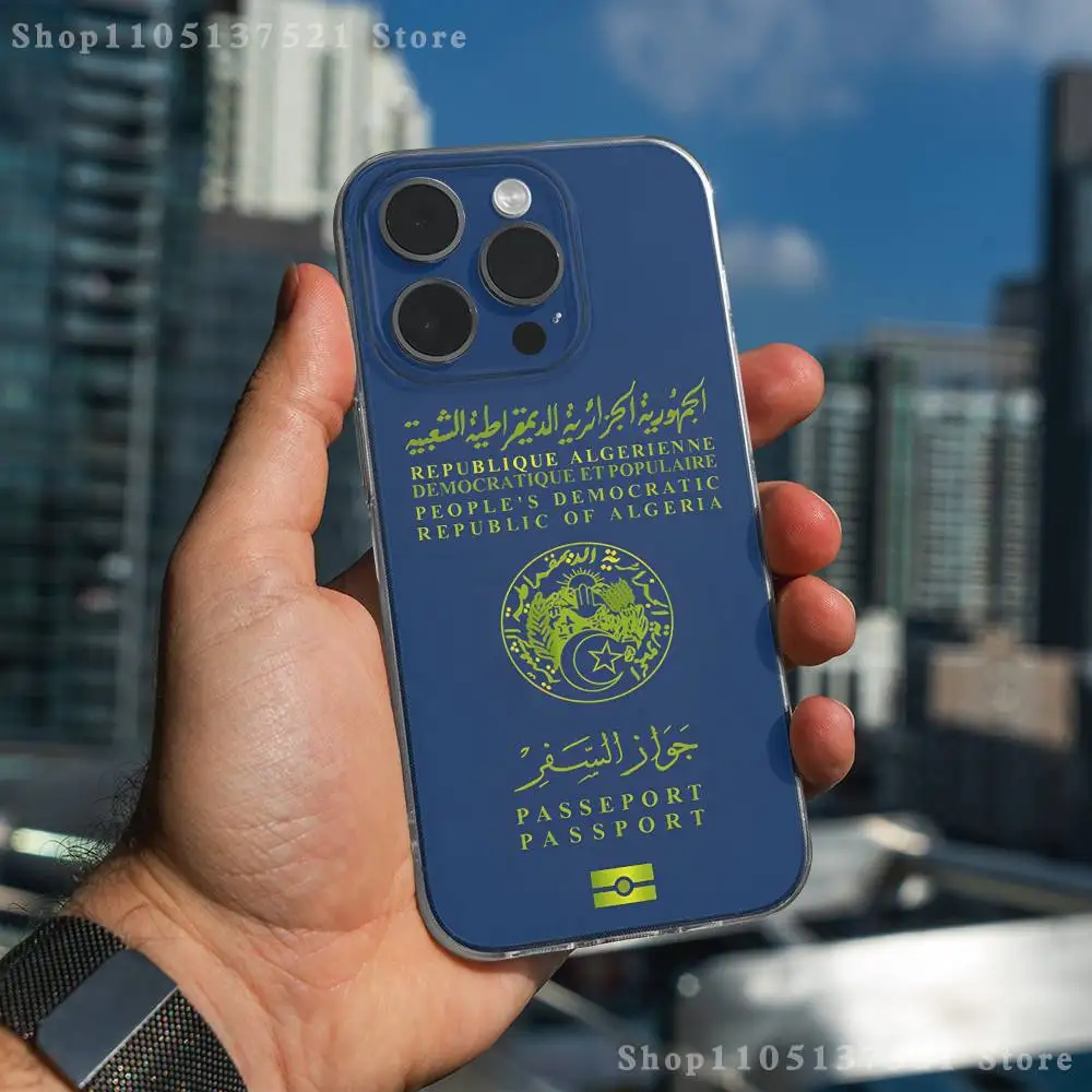 アルジェリアパスポート柄 iPhoneケース iPhone 17,16,15,14,13,12,11 Pro,Max,Plus,X,XS,XR,SE4,E Mini対応 透明ソフトカバー