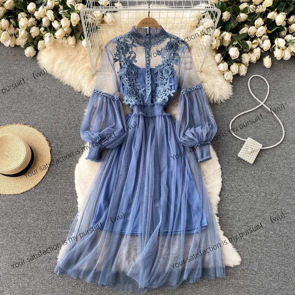 

ZOCI-Women's three-dimensional dress with flower hook decoration, mesh fabric, stand-up collar, lantern sleeves, high waist