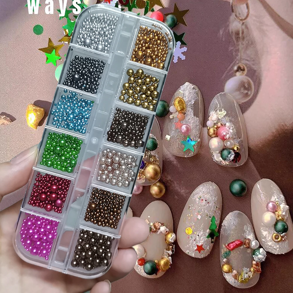 12 Grids Gemengde Grootte Kleurrijke Ronde Parel Bal Nagel Charmes Kawaii Goud & Groen & Rood Nagel Accessoires voor Kerst DIY manicure Decor