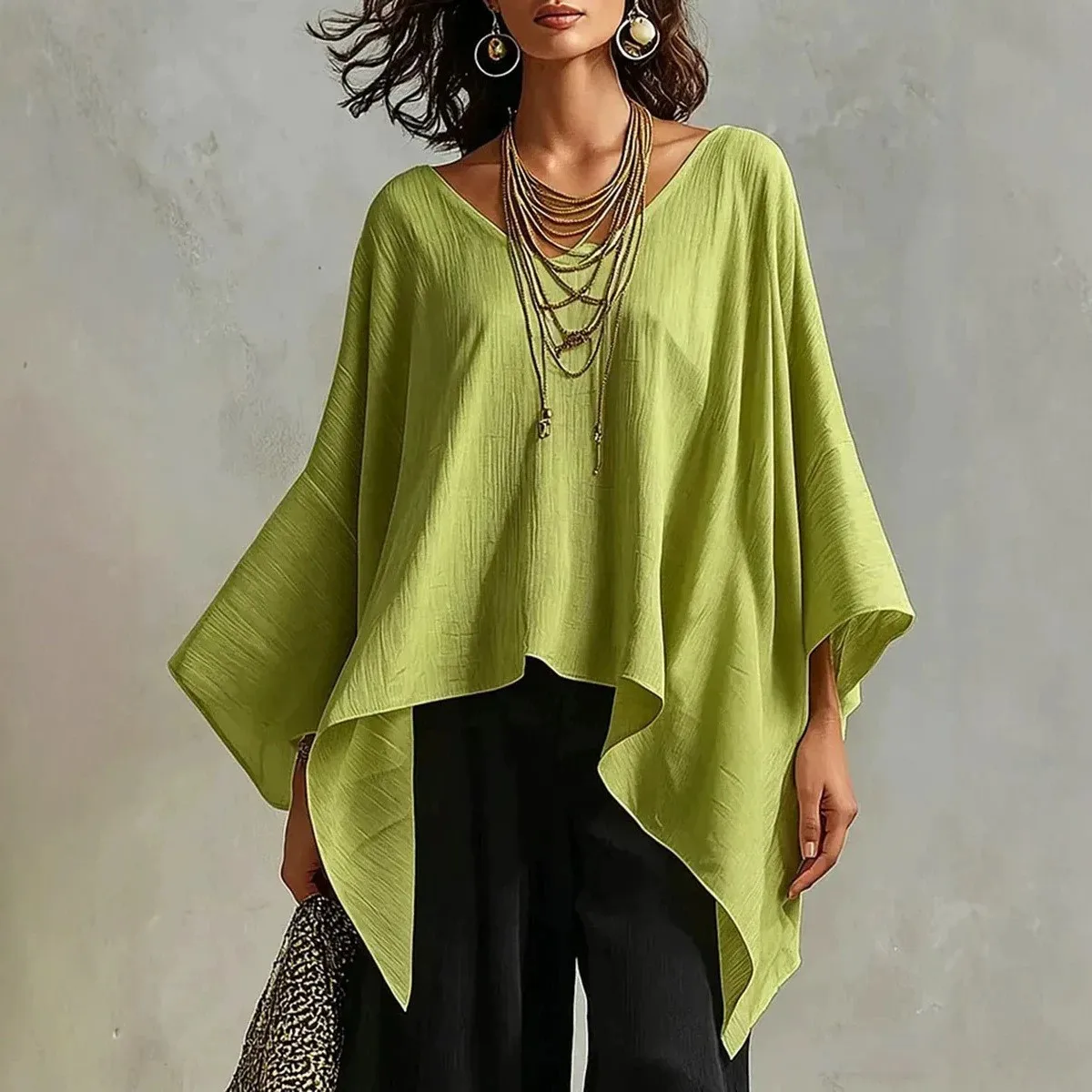 Women's V Neck Batwing Sleeve Cape Style Cotton Linen Blouse Poncho For Woman Solid Color Pullover Elegant Shoulder Cape