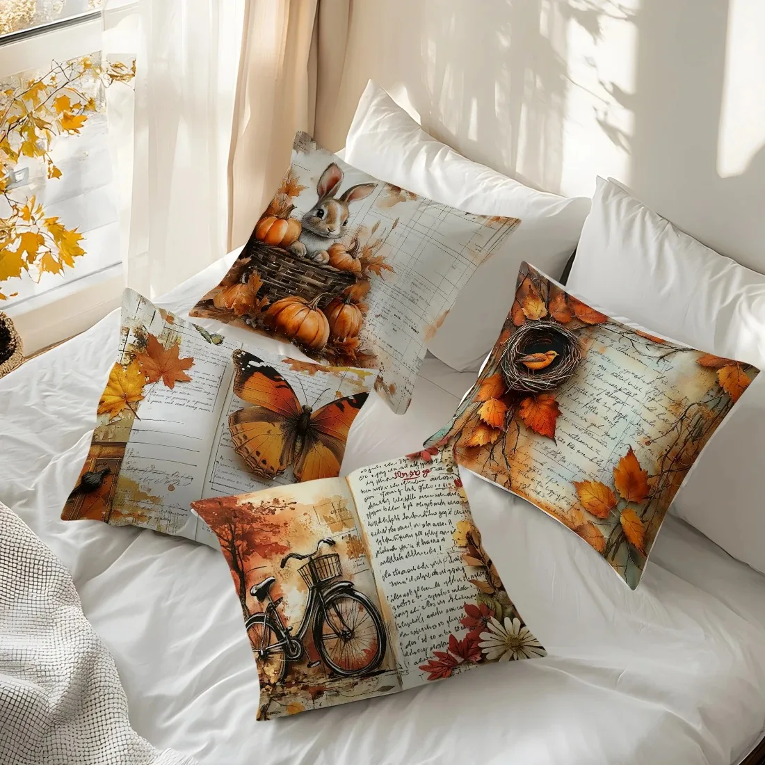 Autumn Scene: Bunny, Butterfly, Bicycle Decor Pattern Cushion Cover Suitable For Sofa Bedroom Car Pillow Cover