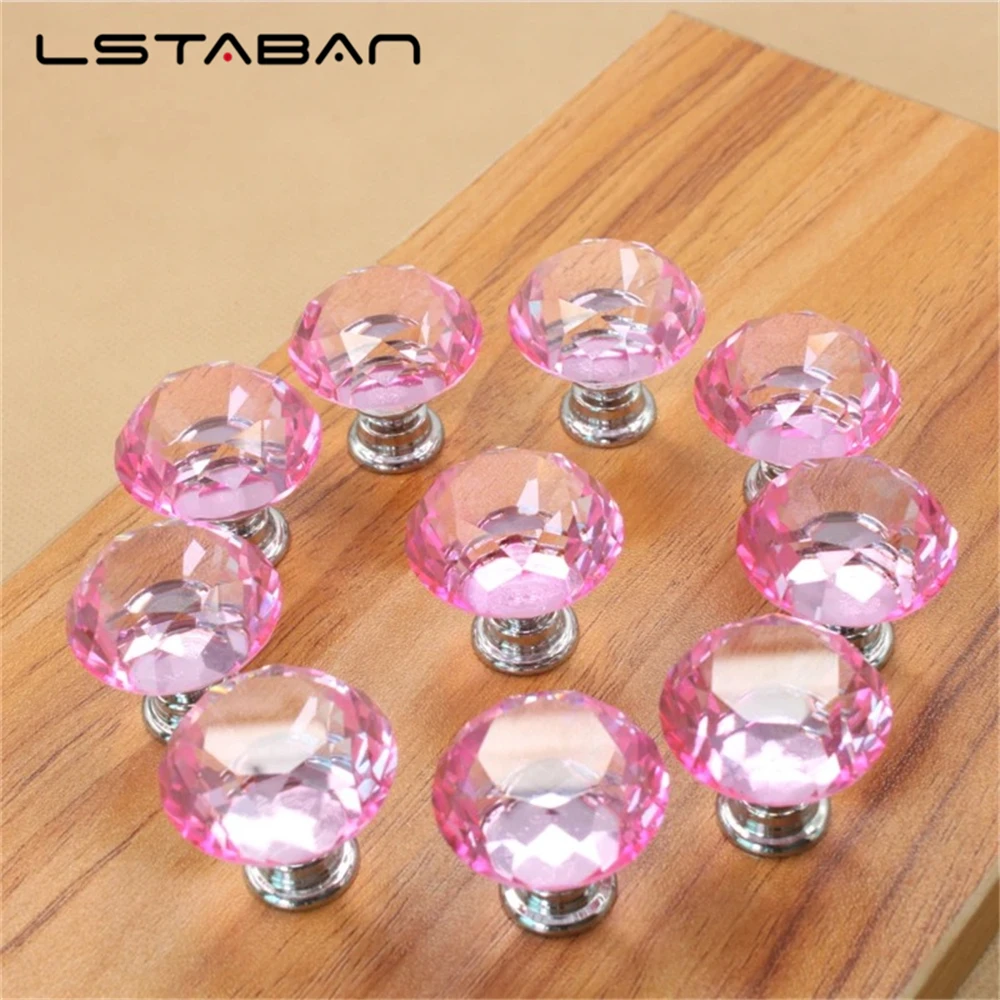 Transparan 30mm furnitur berlian kaca kristal pegangan pintu lemari laci warna-warni lubang tunggal campuran seng bulat pegangan siram