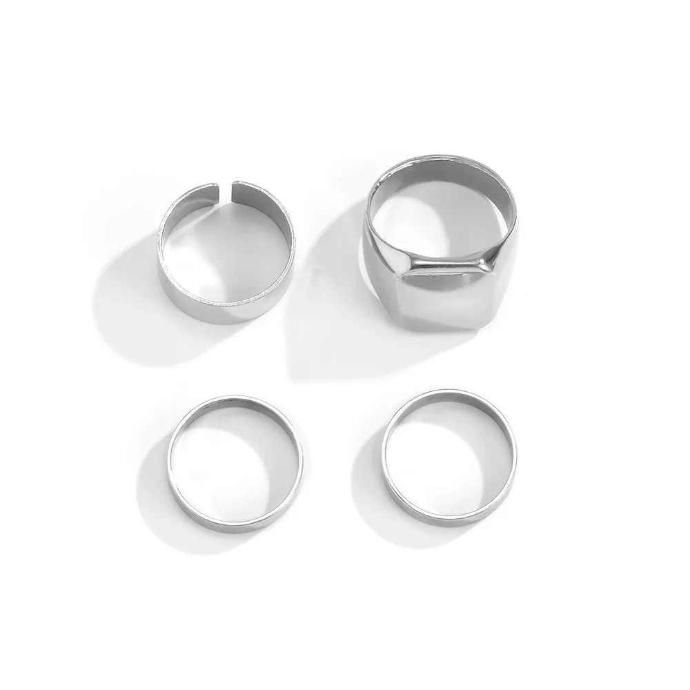 4 Stück silberfarbener minimalistischer Ring für Herren, schlichter, polierter Bandring mit quadratischem Siegelstein, geometrischer Schmuckset – Detail 5