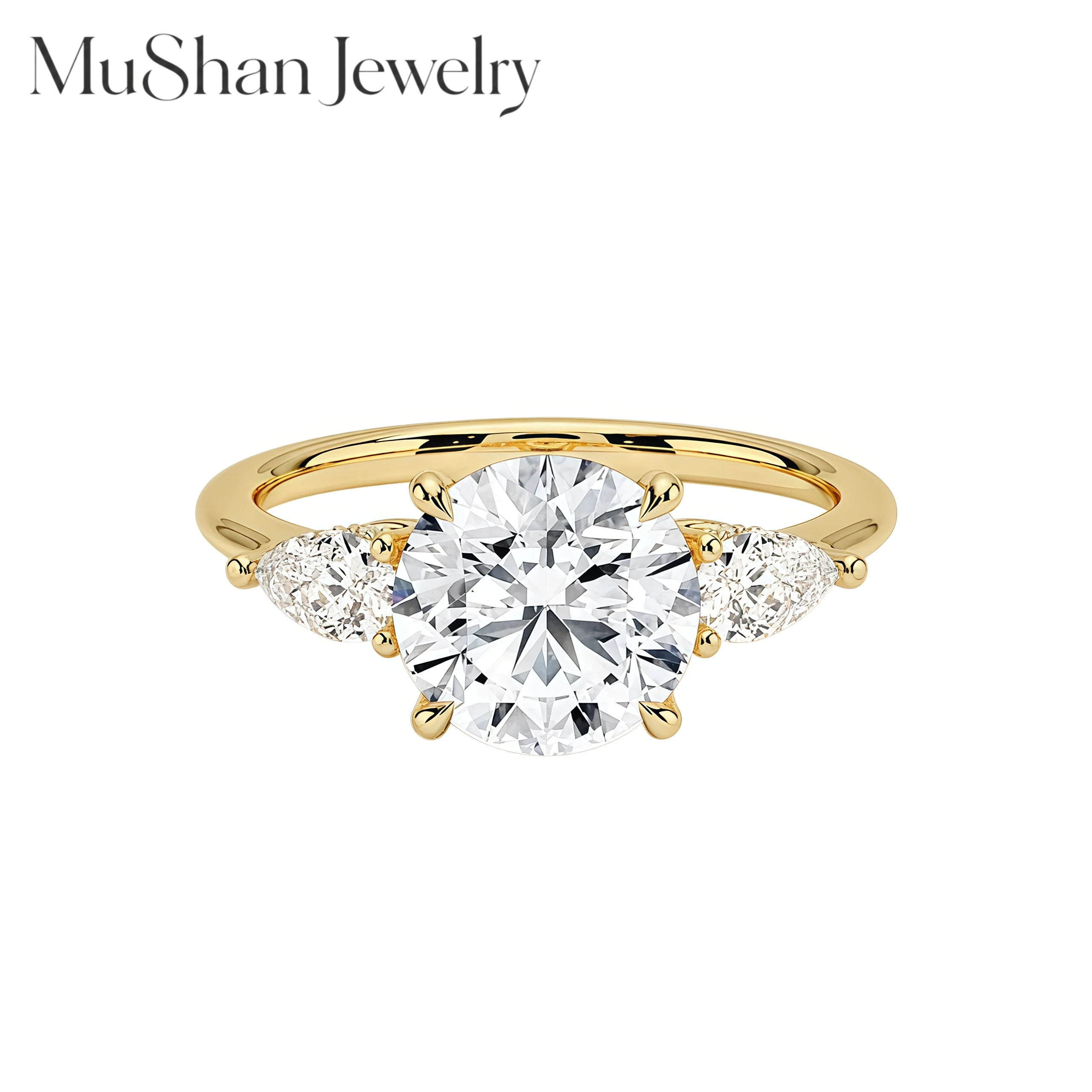 MUSHAN Brand S925 Silver Golden Plated Moissanite Ring for Women 1/2/3/4/5/6 Carat Fashion Three Stone Wedding Ring
