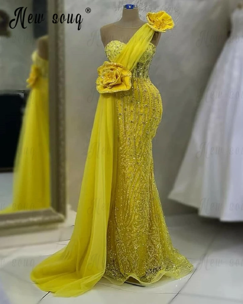 Vestido de festa amarelo de um ombro com cauda lateral de tule, sereia frisada elegante, vestidos noturnos de casamento, 2023