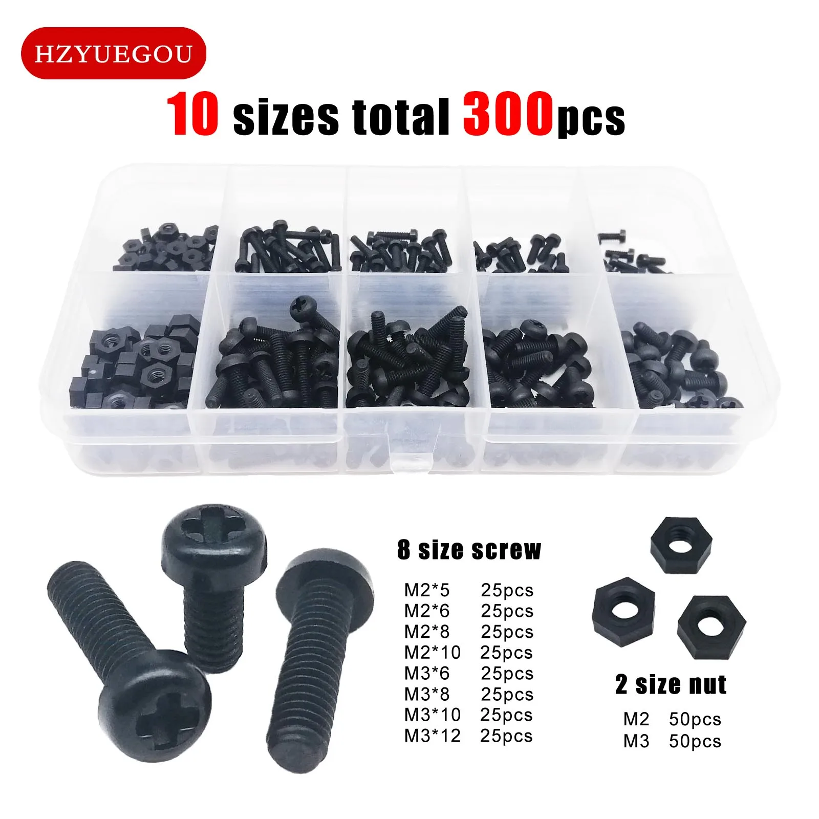 300pcs/box Nylon Plastic Insulated Phillips Pan Round Head Bolt Screw Nut Mix M2 M3 10 Sizes Assortment Kit Set Black Color