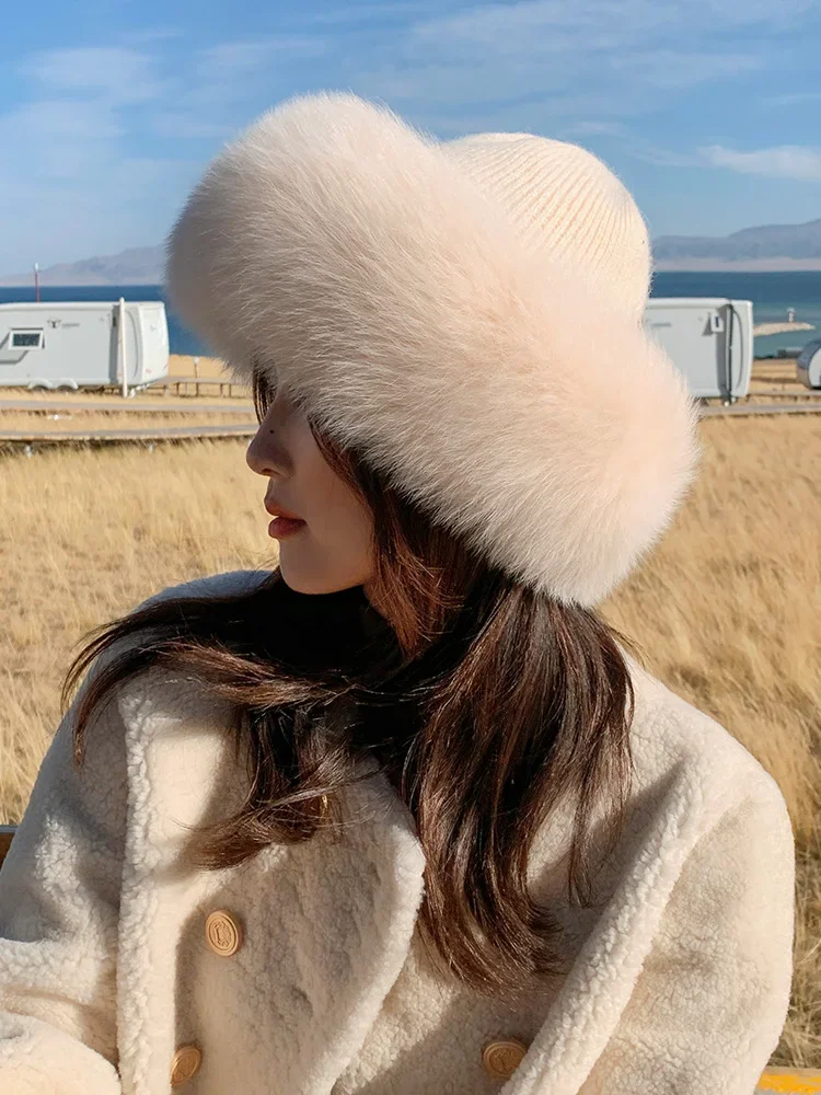 

New Stylish Beanie Hats for Women Winter Warm Fluffy Bone Cap Soft Outdoor Thick Natural Fox Fur Hat Female Dome Hats fluffy hat