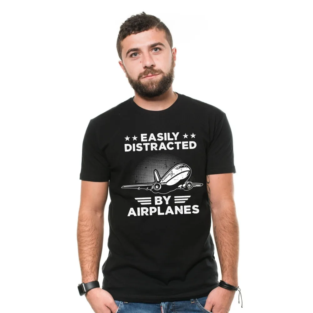 Men's Funny Easily Distracted By Airplanes T-shirt Pilot Gift Funny Planes Aircrafts Engineer Tee Shirt Streetwear Trending Tops