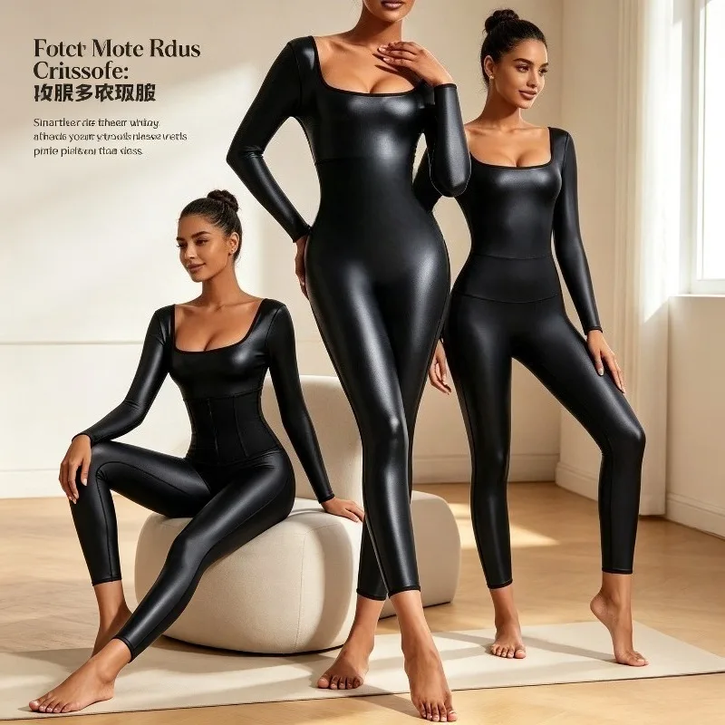 Women's Long Sleeved Long Pants Seamless Jumpsuit Leather Jumpsuit Fitness Yoga Shapewear and Daily Wear